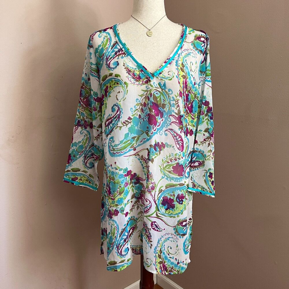 Tommy‎ Bahama Paisley Tunic Cover Up Resort Beach Vacation Blue Purple Size L